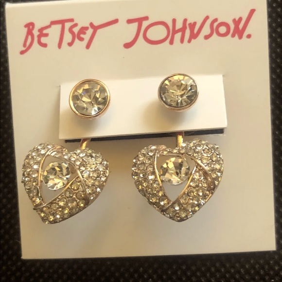 Betsey Johnson Rose Gold Tone Heart Front Back Crystal Encrusted Drop Earrings - Picture 5 of 10